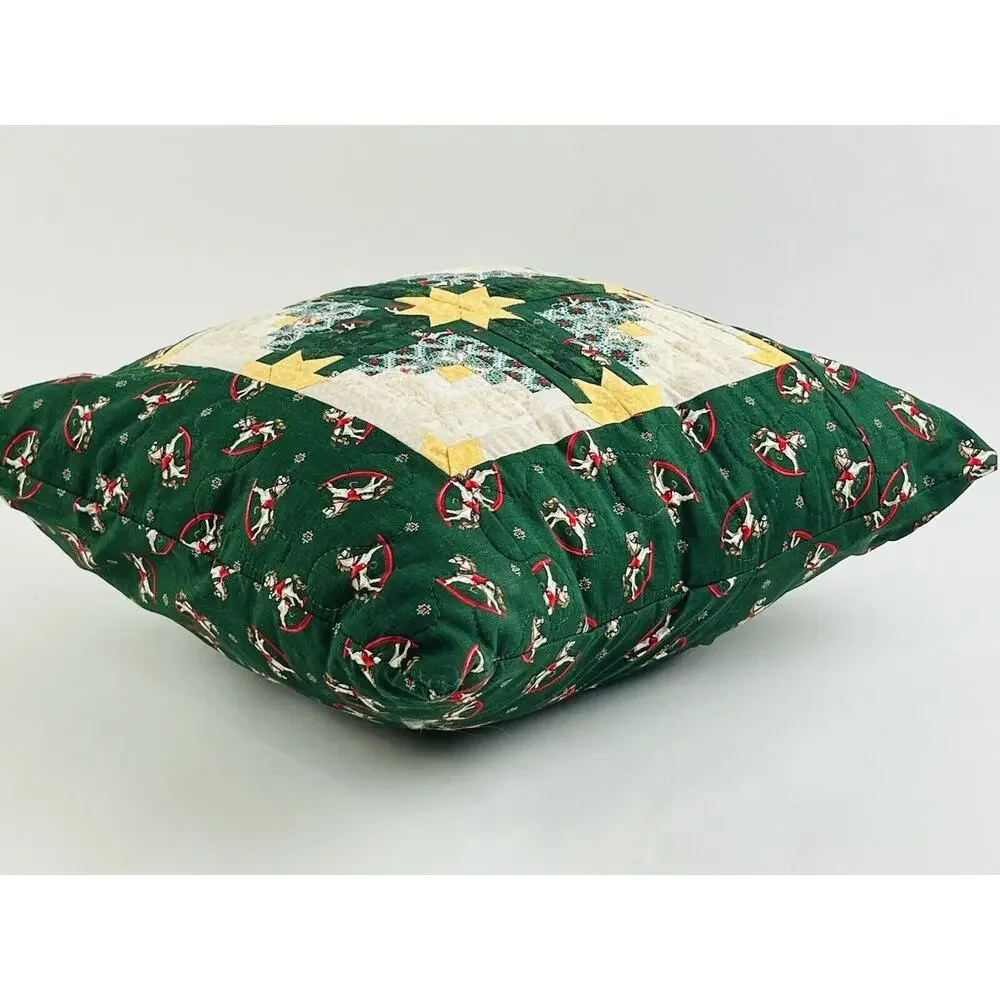 Vintge Christmas Quilted Decor Pillow Red Green Yellow 14x14 Rocking Horse Star